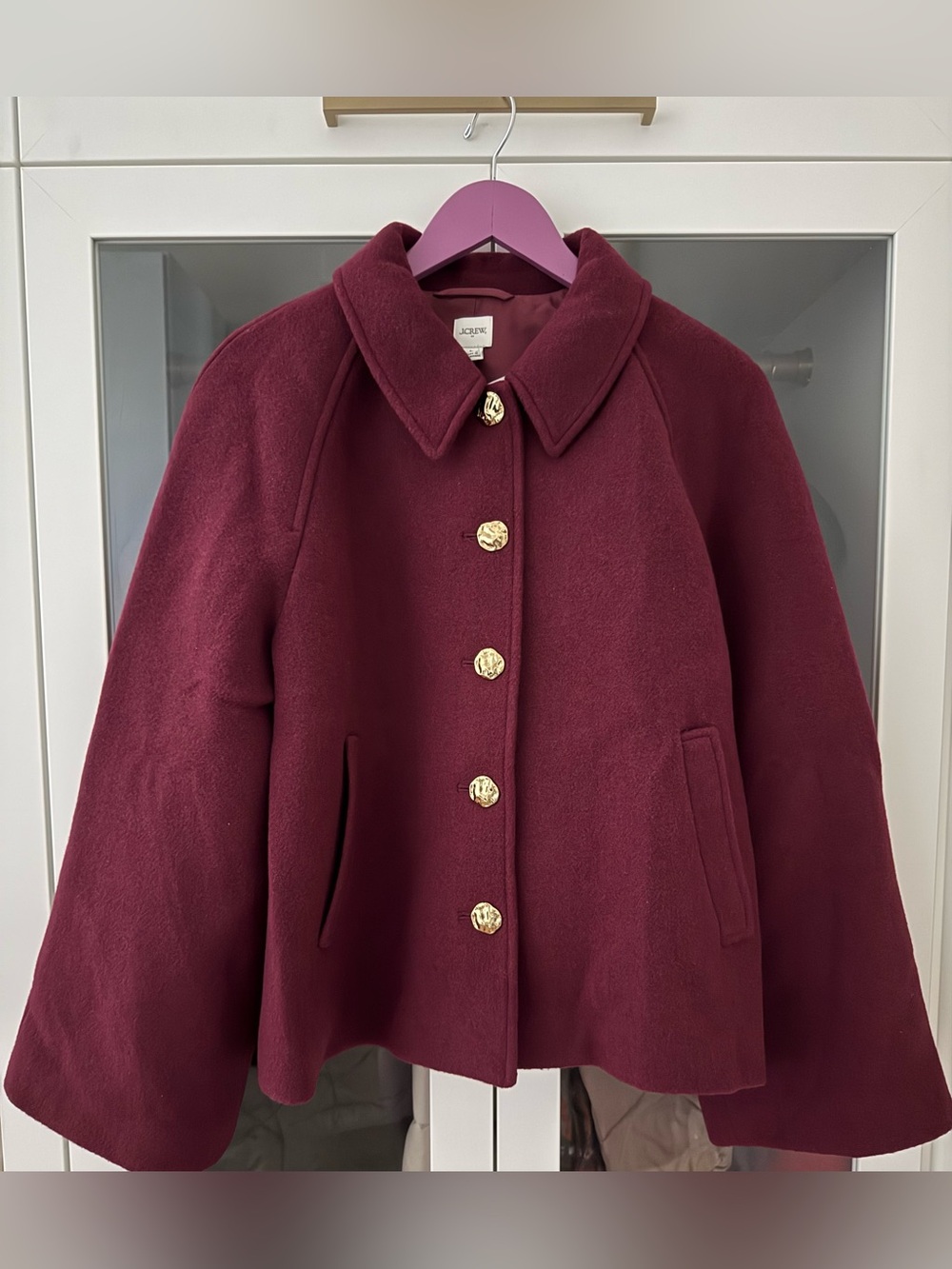 NWT J.Crew Burgundy Wool Blend Swing Coat Gold Buttons Size L